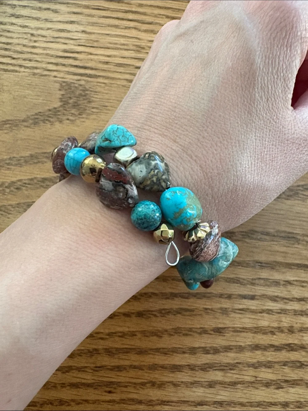 Hand Crafted Turquoise and Jasper Silver Plated Memory Wire Bracelet